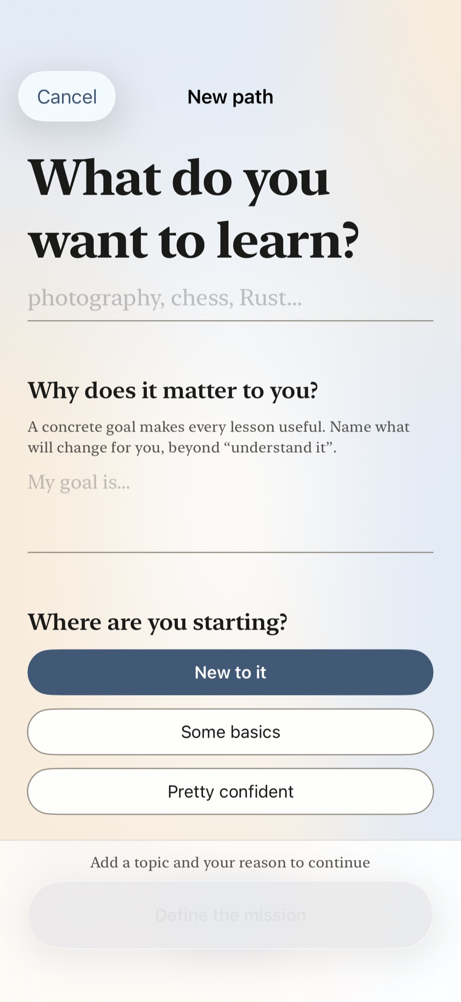 Maestro asks what you want to learn and why