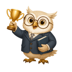 The owl tutor holding a trophy